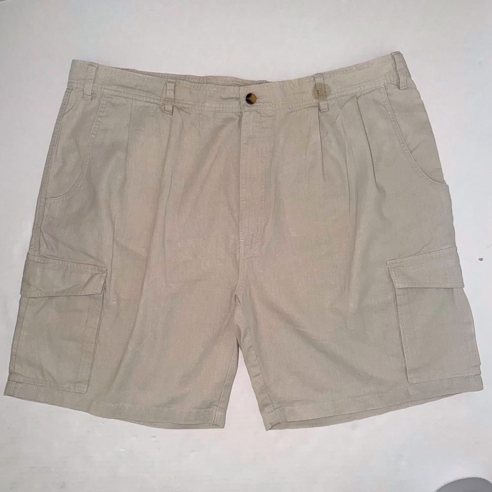 St. John's Bay Cargo Shorts Mens 44 Tan Ramie Cotton Pleated Utility